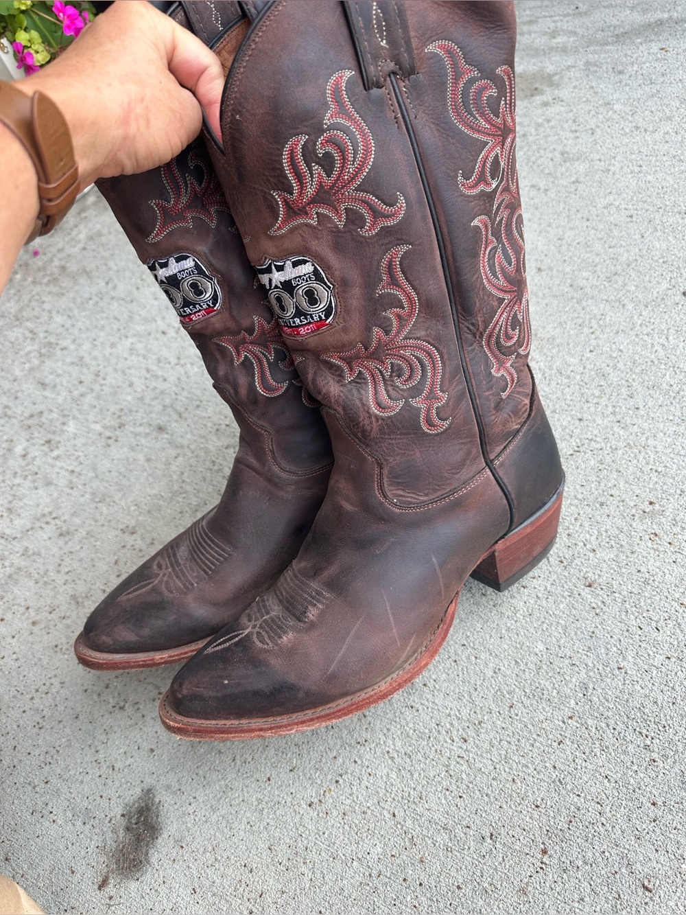 Tony Lama Brown  Leather Cowboy Boots with Red Stitching